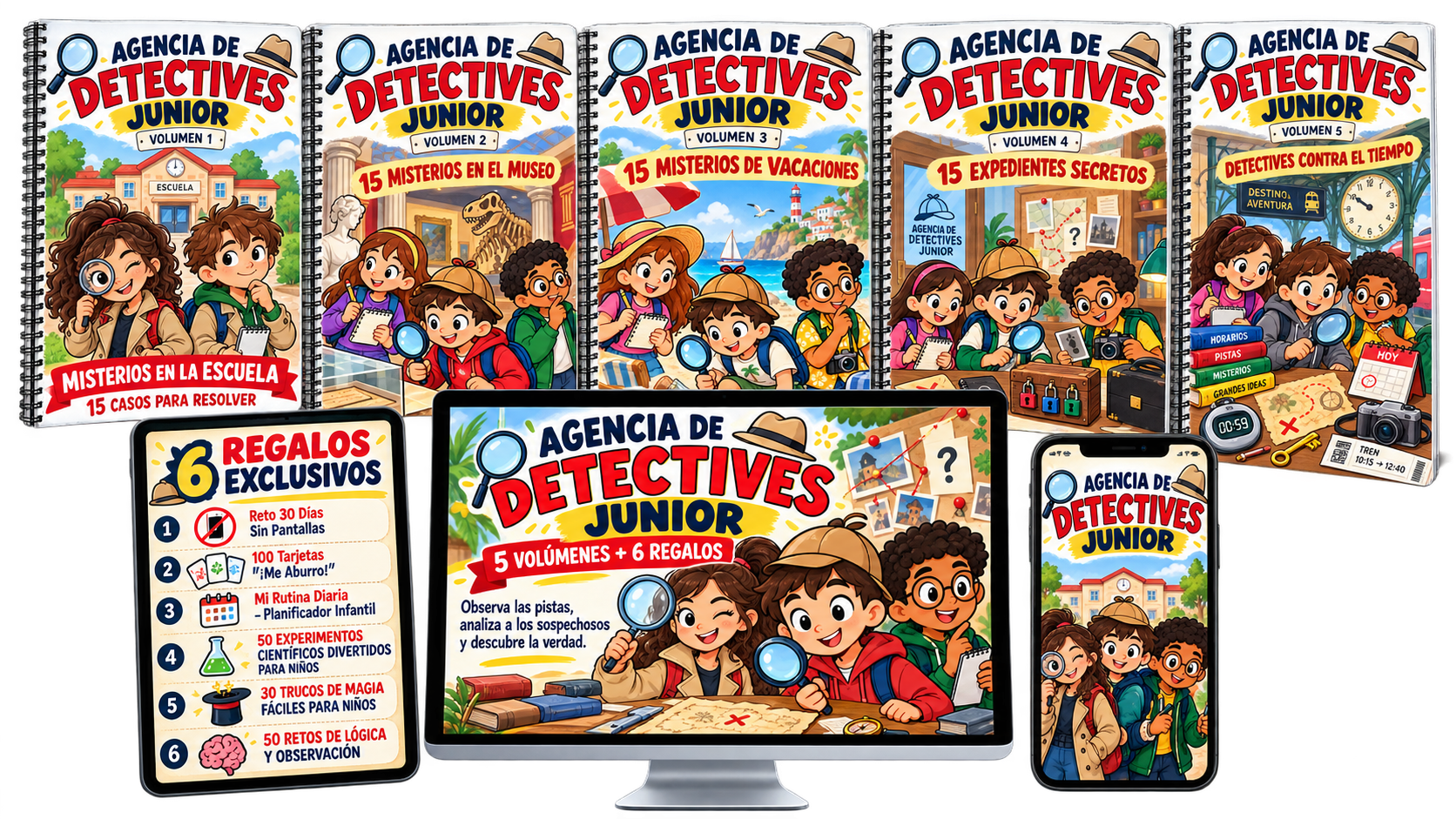 Pack completo de AGENCIA DE DETECTIVES JUNIOR: 5 volúmenes y 6 regalos exclusivos en dispositivos digitales